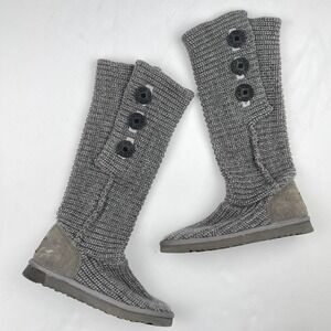 UGG Tall Knit Grunge Boots in Grey Foldover Sweater Women's 6 Lambskin Coquette